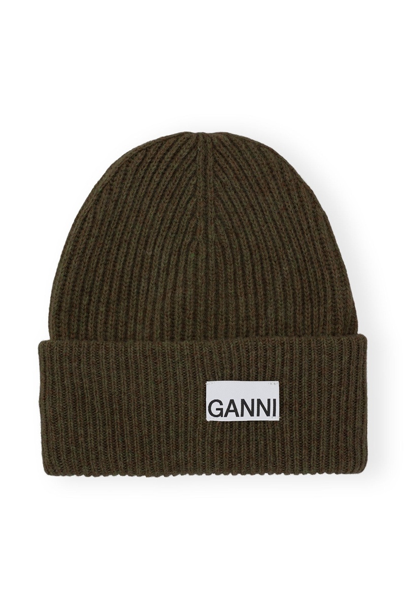 Ganni Fitted Wolle Rib Knit Mütze Olivgrün | 567-WATCYL