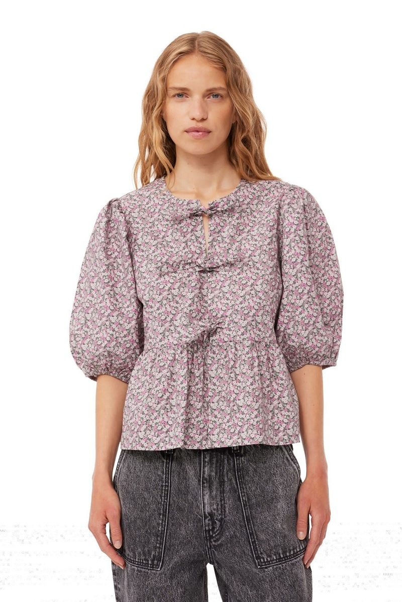 Ganni Floral Baumwoll Poplin Bluse Grau | 748-KPUFLA