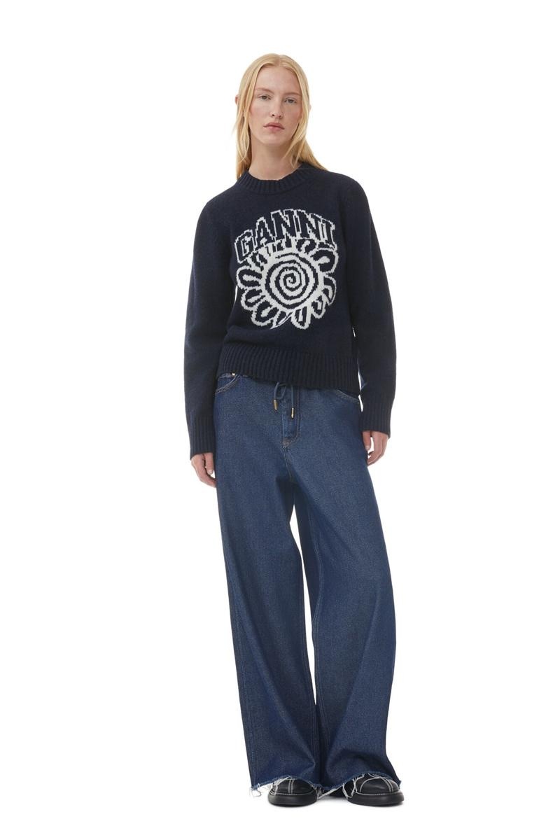 Ganni Flower Graphic O-neck Pullover Pullover Blau | 534-IXRWHO