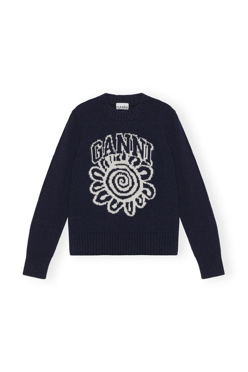 Ganni Flower Graphic O-neck Pullover Pullover Blau | 534-IXRWHO