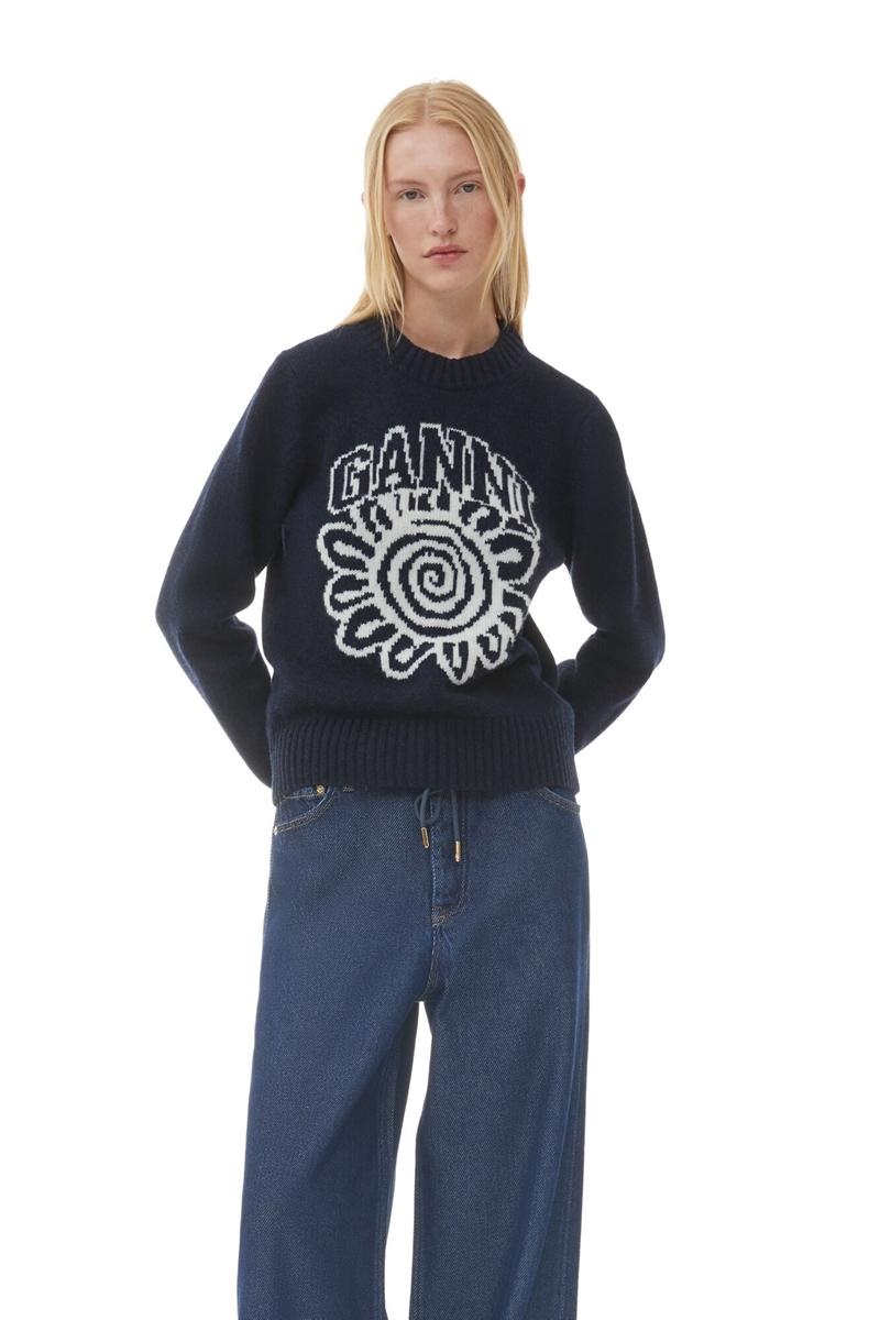 Ganni Flower Graphic O-neck Pullover Pullover Blau | 534-IXRWHO