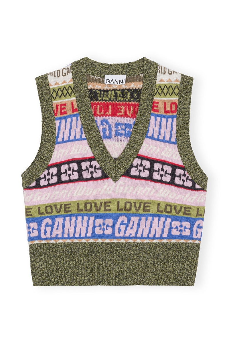 Ganni Graphic V-neck Weste Mehrfarbig | 087-RTQJZU