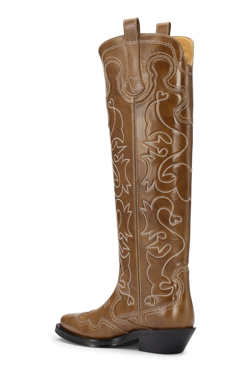 Ganni Knee-High Embroidered Westernstiefel Braun | 692-GDJHVA