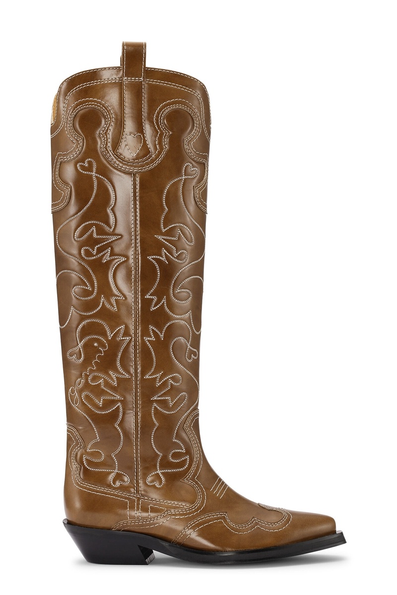 Ganni Knee-High Embroidered Westernstiefel Braun | 692-GDJHVA