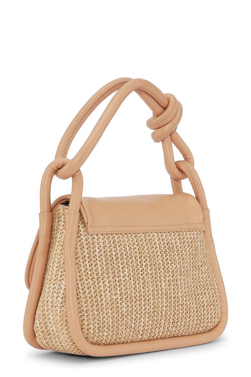 Ganni Knot Flap Over Raffia Shoulder bag Braun | 596-XQKFTP