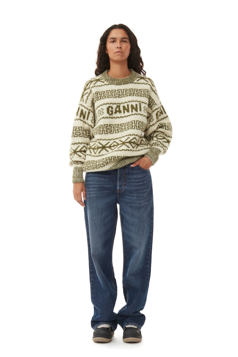 Ganni Lambswool Pullover Oberteile Olivgrün Beige | 825-NCWPYS