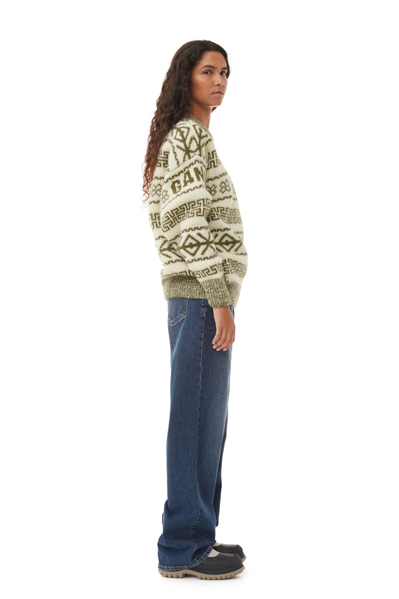 Ganni Lambswool Pullover Oberteile Olivgrün Beige | 825-NCWPYS