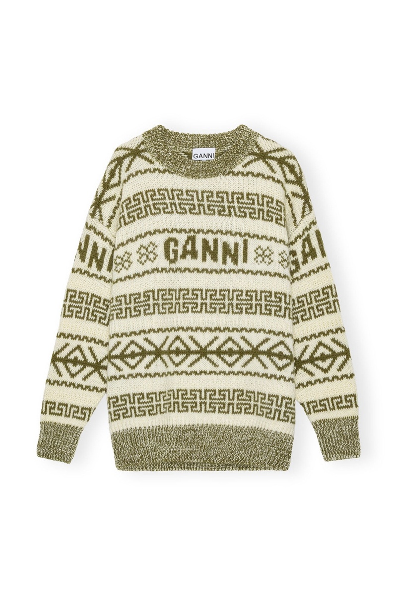 Ganni Lambswool Pullover Oberteile Olivgrün Beige | 825-NCWPYS