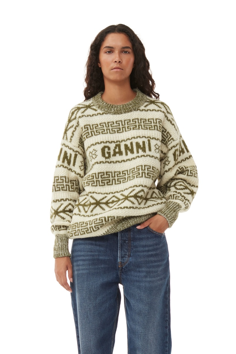 Ganni Lambswool Pullover Oberteile Olivgrün Beige | 825-NCWPYS