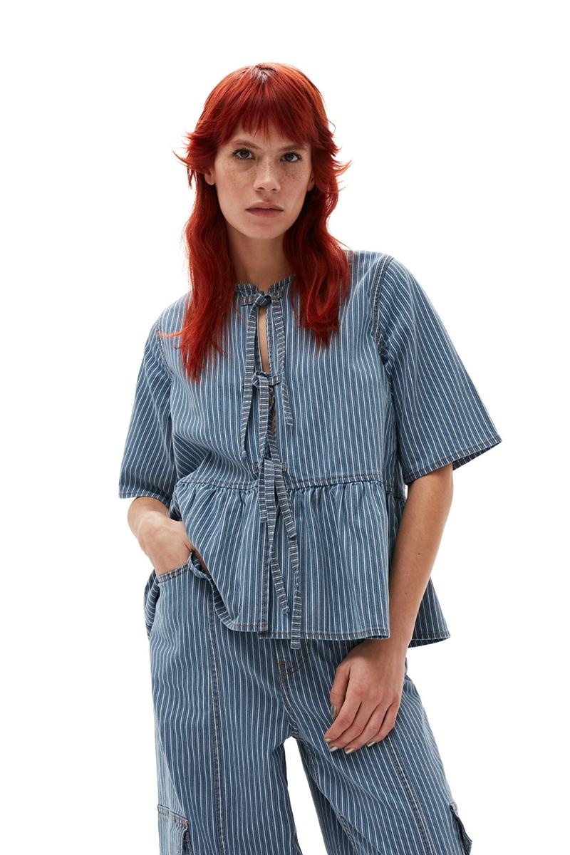 Ganni Light Stripe Denim Peplum Bluse Blau Grau | 426-RDAGJB