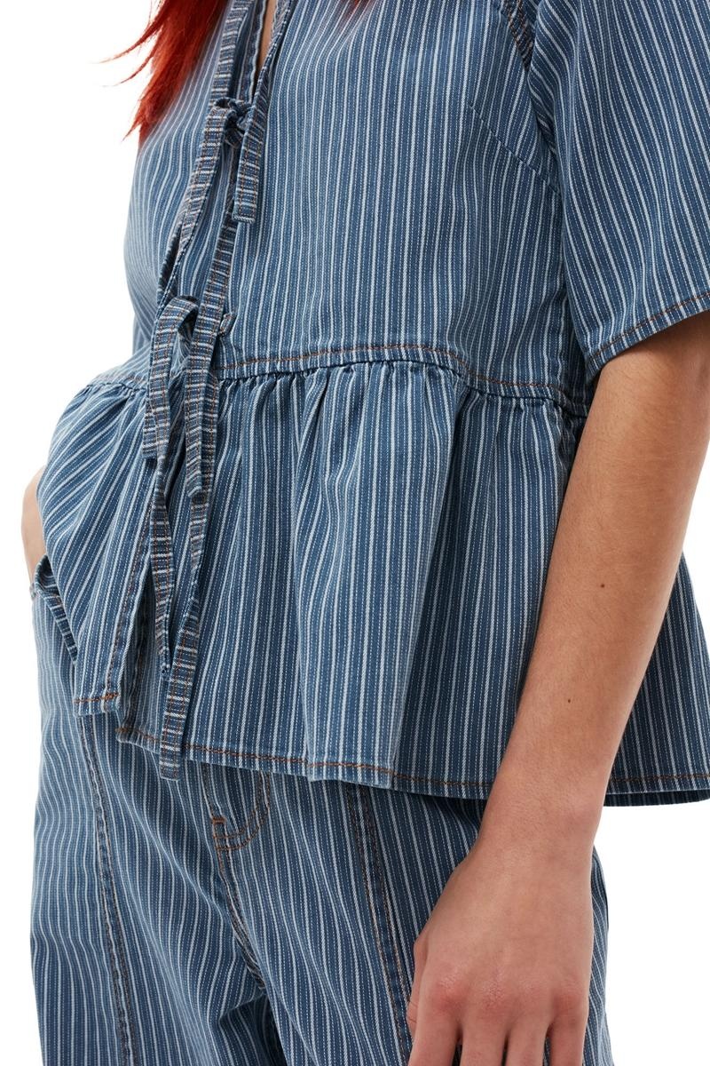 Ganni Light Stripe Denim Peplum Bluse Blau Grau | 426-RDAGJB