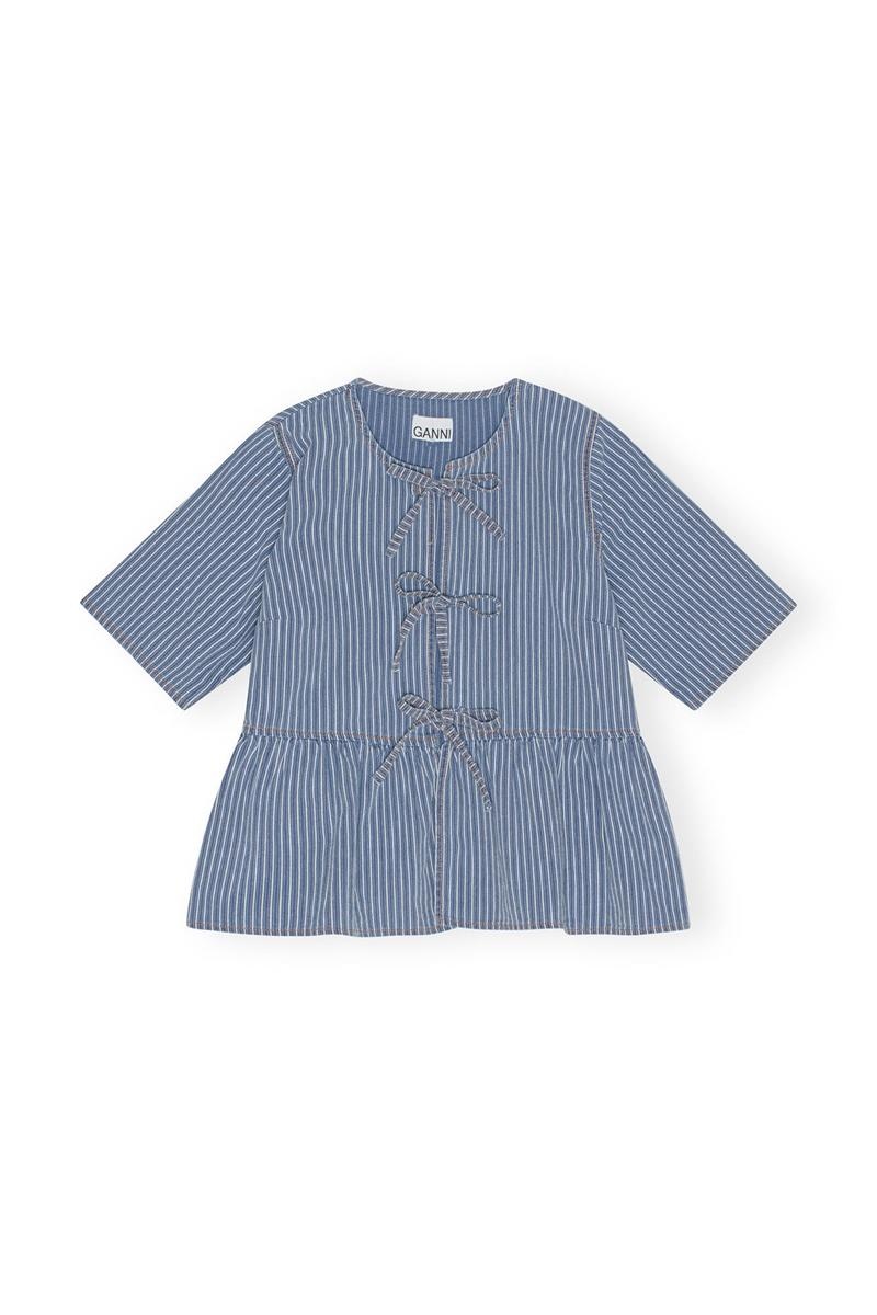 Ganni Light Stripe Denim Peplum Bluse Blau Grau | 426-RDAGJB