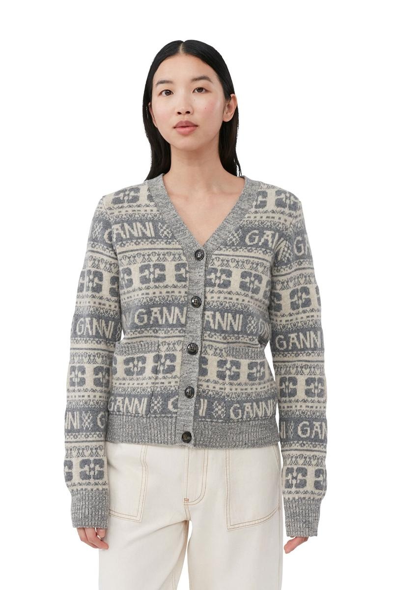 Ganni Logo Wolle Mix Strickjacke Grau | 657-TRJFGB