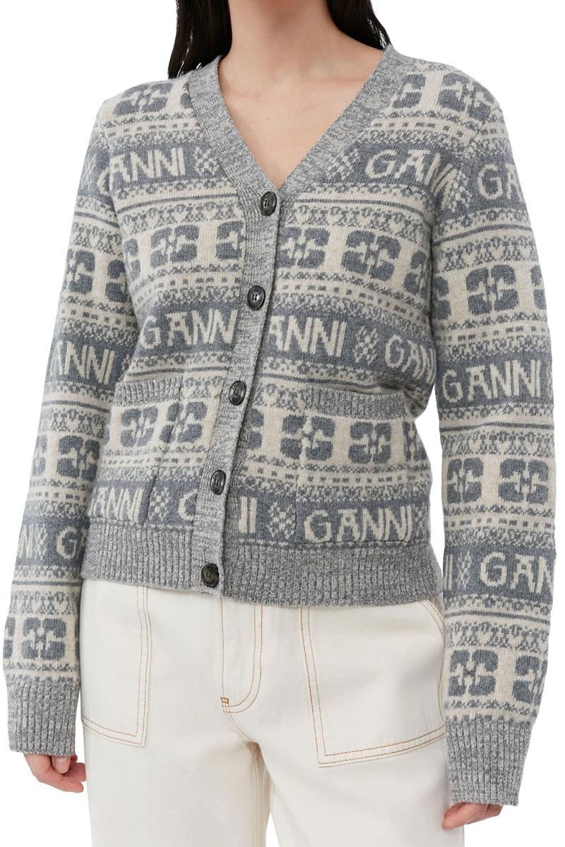 Ganni Logo Wolle Mix Strickjacke Grau | 657-TRJFGB