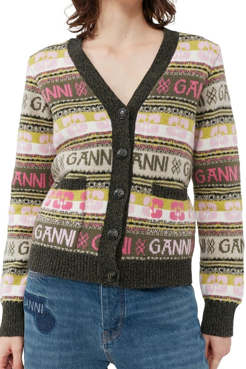 Ganni Logo Wolle Mix Strickjacke Mehrfarbig | 571-CVXTUZ