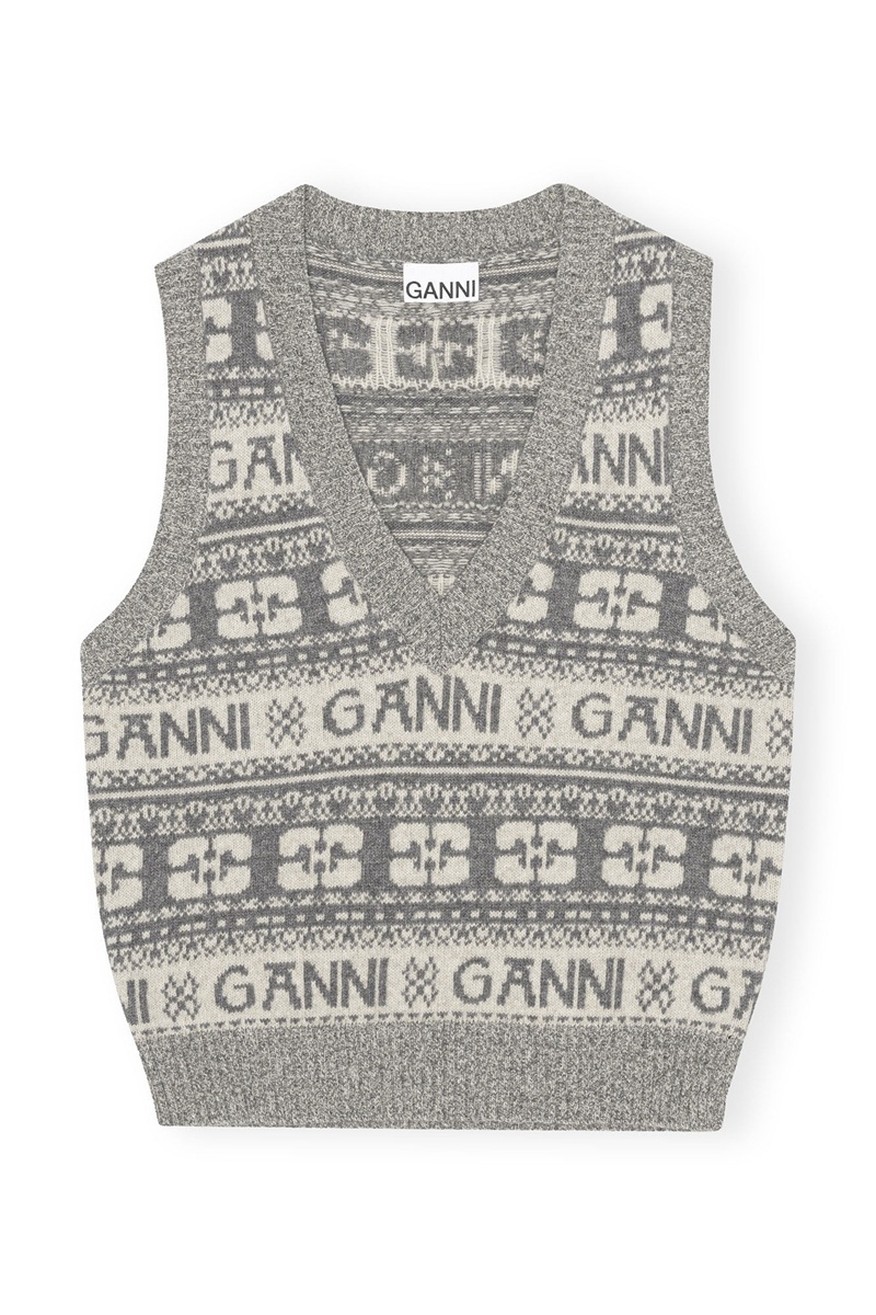 Ganni Logo Wolle Mix Weste Grau | 921-ECTFRS