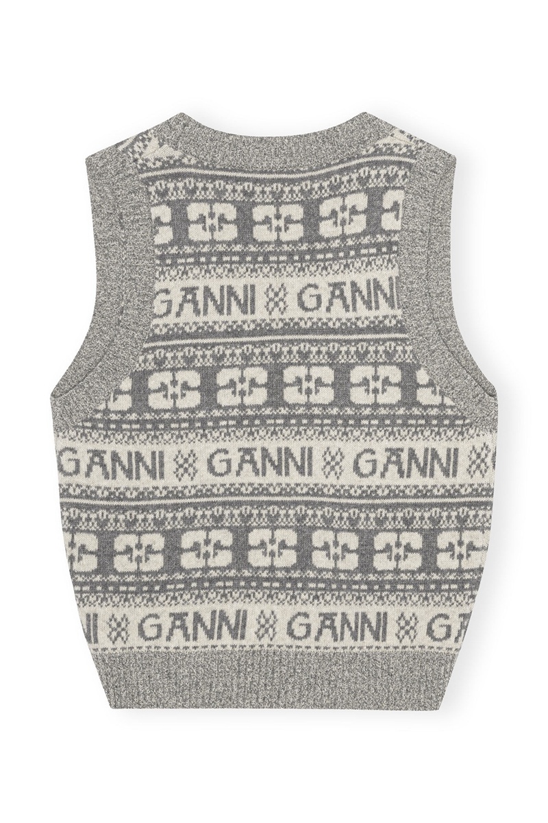 Ganni Logo Wolle Mix Weste Grau | 921-ECTFRS