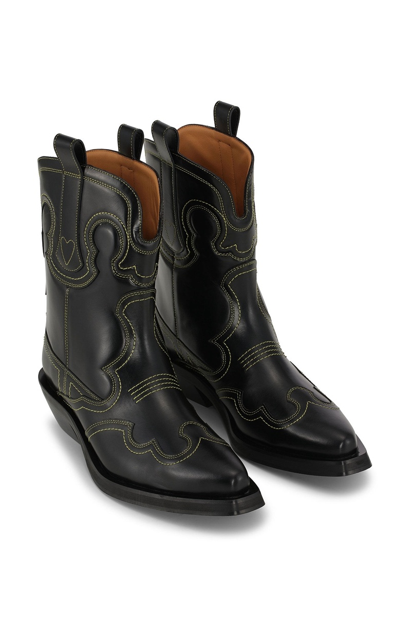 Ganni Low Shaft Embroidered Westernstiefel Schwarz Gelb | 036-LCMXUI