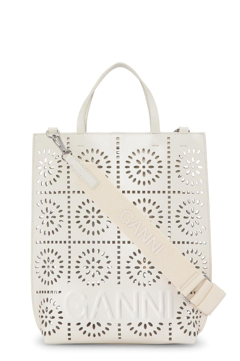 Ganni Medium Banner Perforated Handtasche Weiß | 671-ZJCLNF