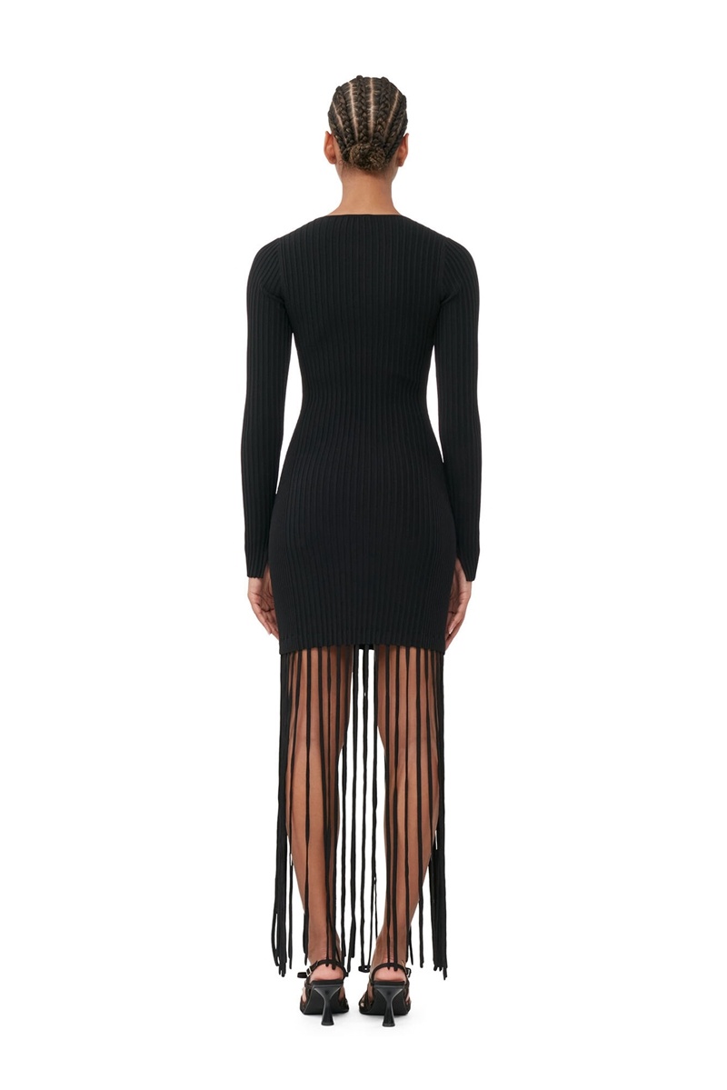 Ganni Melange Knit Fringe Minikleid Schwarz | 793-KWROZT