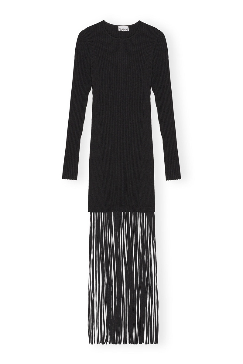 Ganni Melange Knit Fringe Minikleid Schwarz | 793-KWROZT