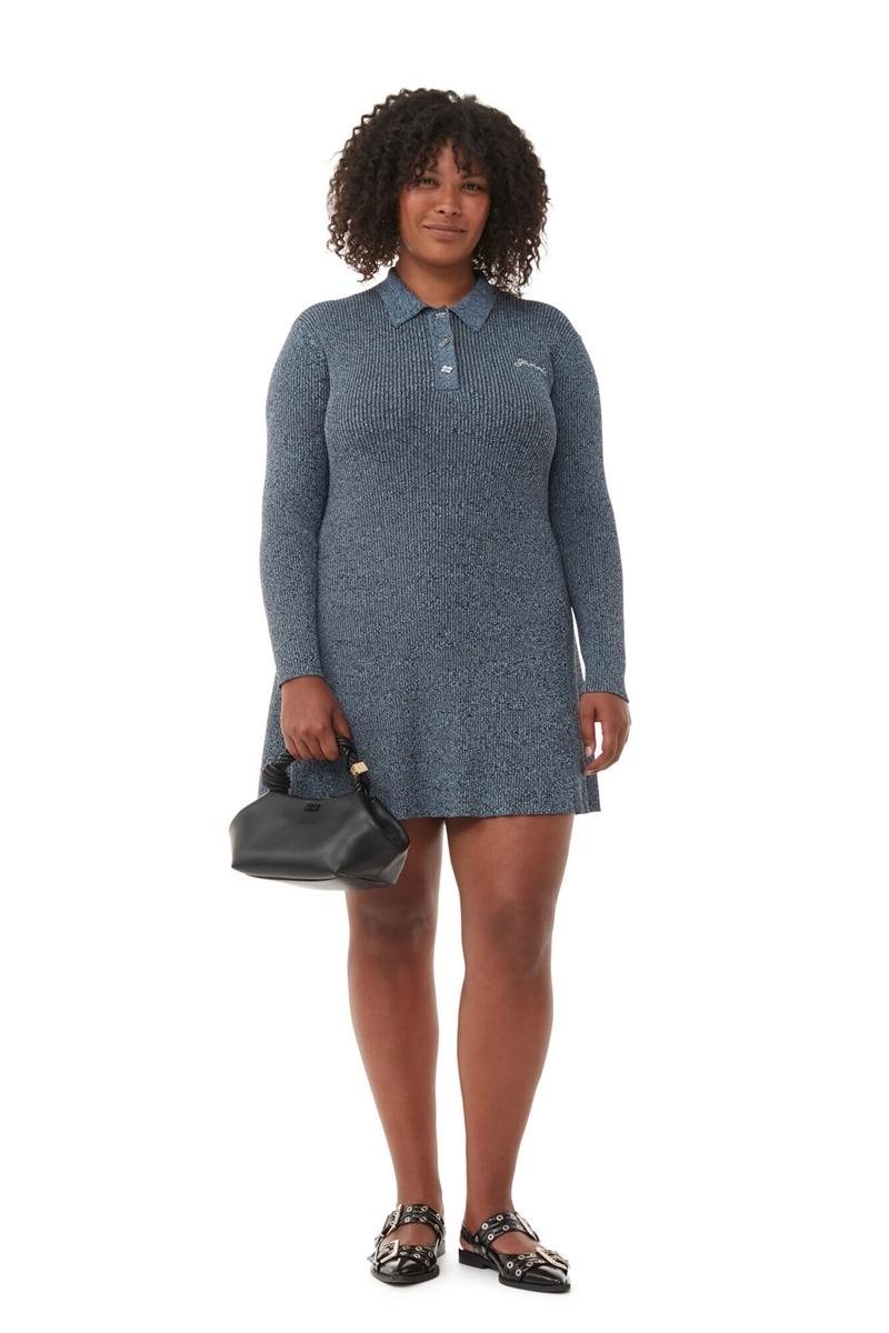 Ganni Melange Knit Minikleid Silber Blau | 175-GWRSEO