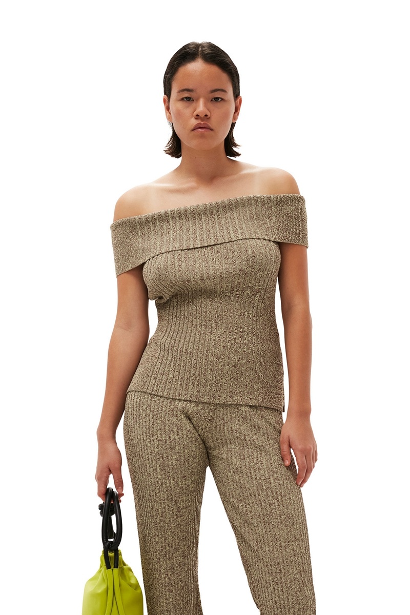 Ganni Melange Knit Off Shoulder Oberteile Braun | 302-XJQDAK