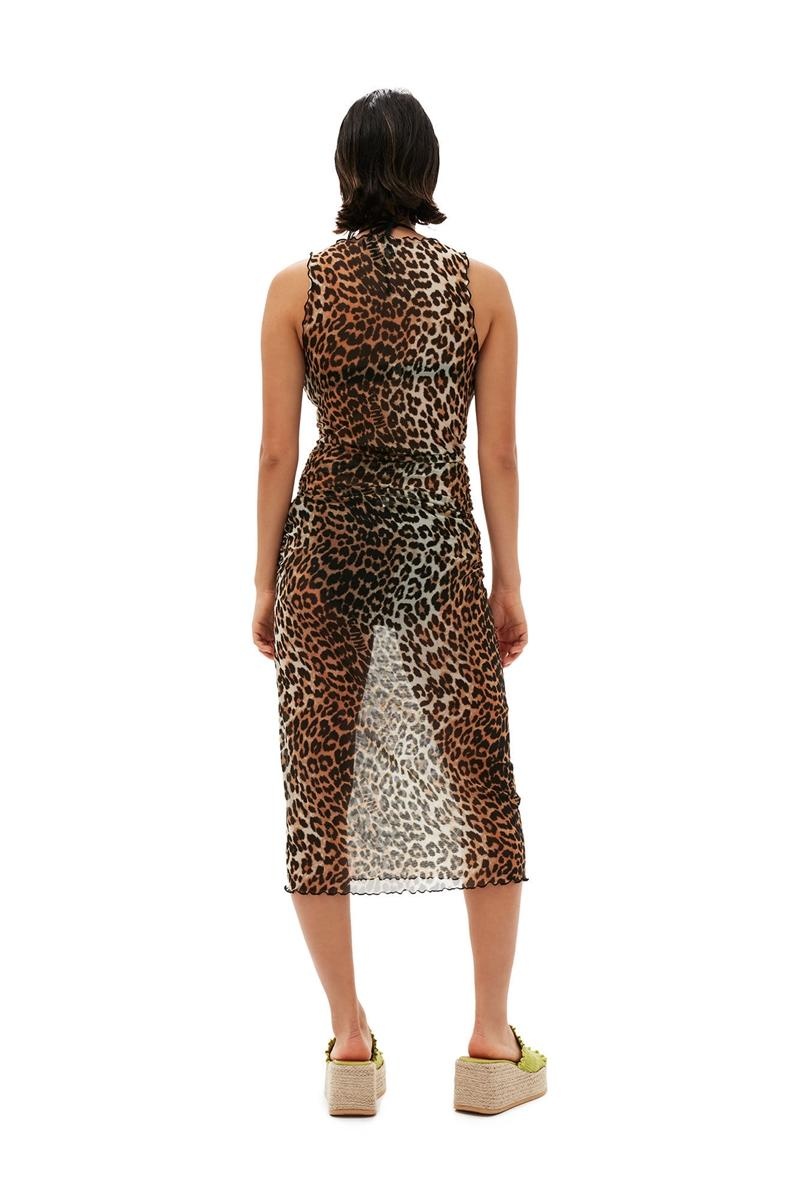 Ganni Mesh Cover Up Ärmellose Kleid Leopard | 324-EUHPTQ