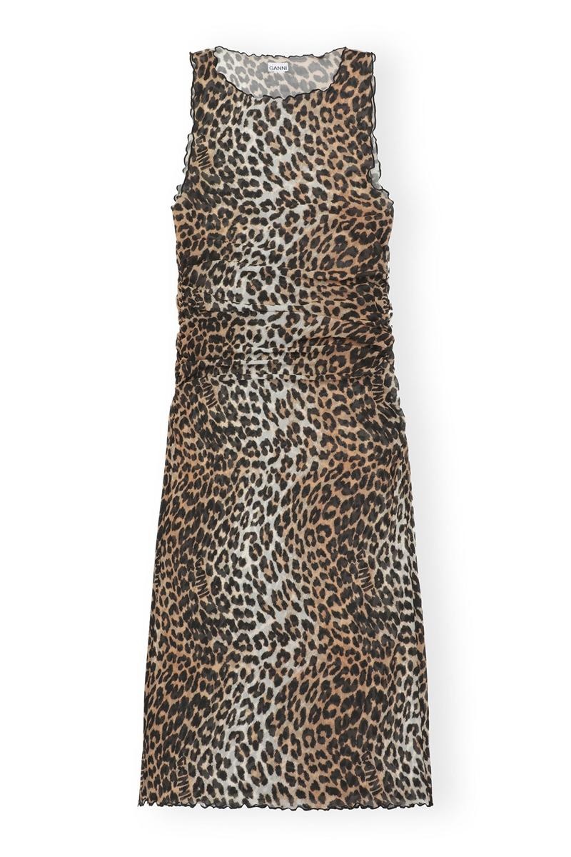 Ganni Mesh Cover Up Ärmellose Kleid Leopard | 324-EUHPTQ