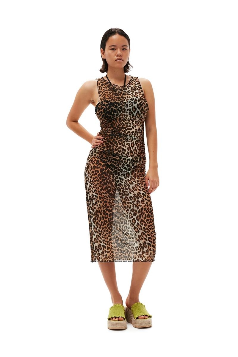 Ganni Mesh Cover Up Ärmellose Kleid Leopard | 324-EUHPTQ