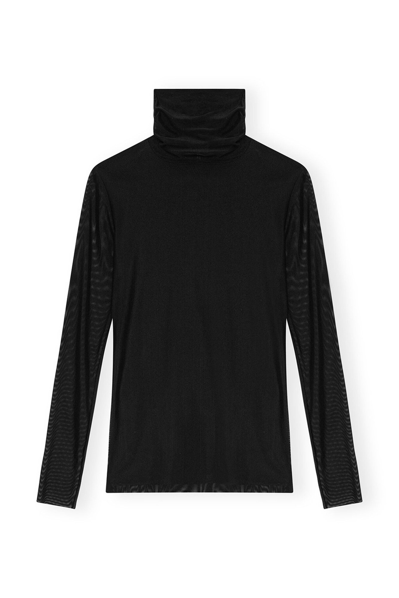 Ganni Mesh Long Sleeve Roll Neck Oberteile Schwarz | 048-BSDMUI