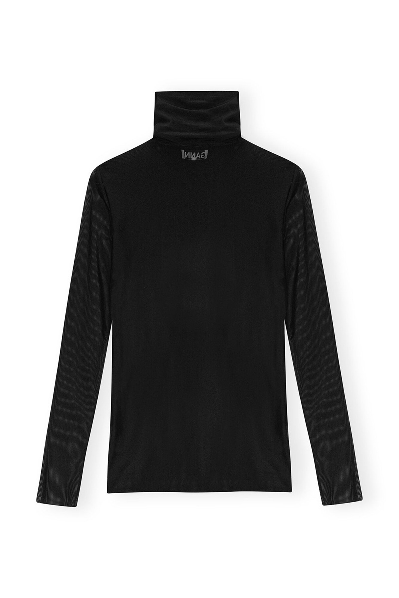 Ganni Mesh Long Sleeve Roll Neck Oberteile Schwarz | 048-BSDMUI