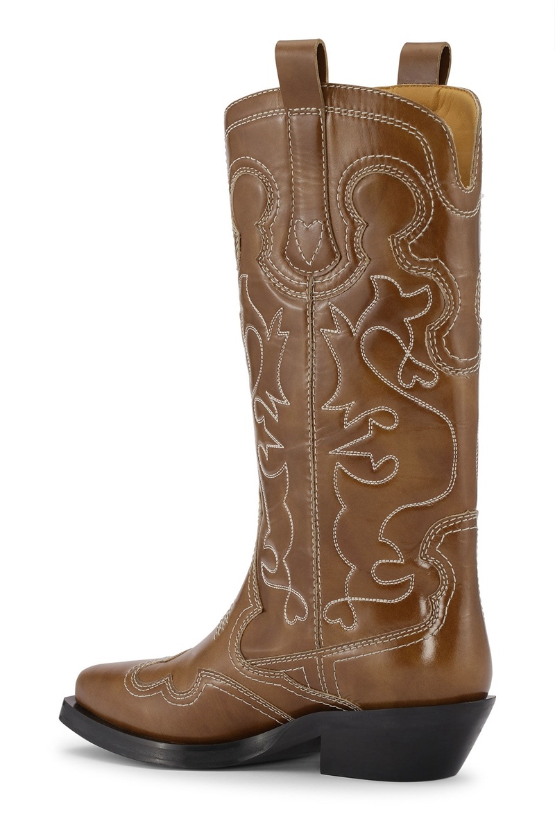 Ganni Mid Shaft Embroidered Westernstiefel Braun | 619-RPLBEY