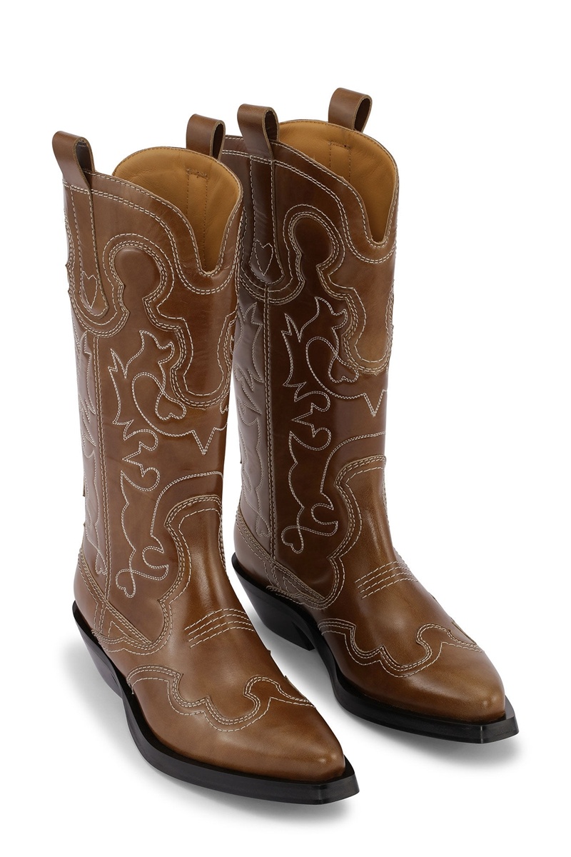 Ganni Mid Shaft Embroidered Westernstiefel Braun | 619-RPLBEY