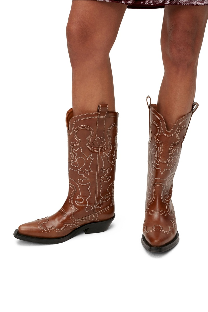 Ganni Mid Shaft Embroidered Westernstiefel Braun | 619-RPLBEY