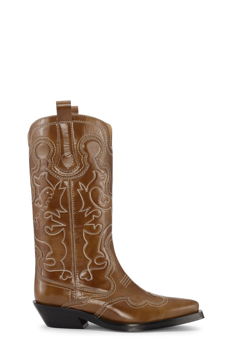 Ganni Mid Shaft Embroidered Westernstiefel Braun | 619-RPLBEY