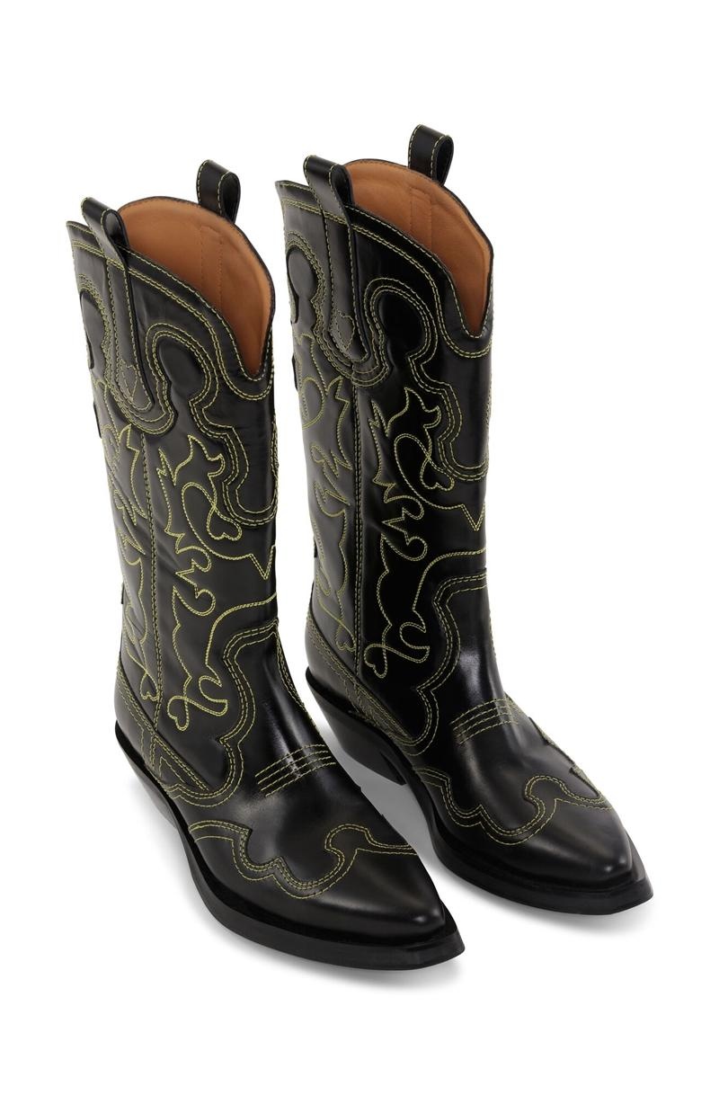 Ganni Mid Shaft Embroidered Westernstiefel Schwarz | 067-GOPIFE