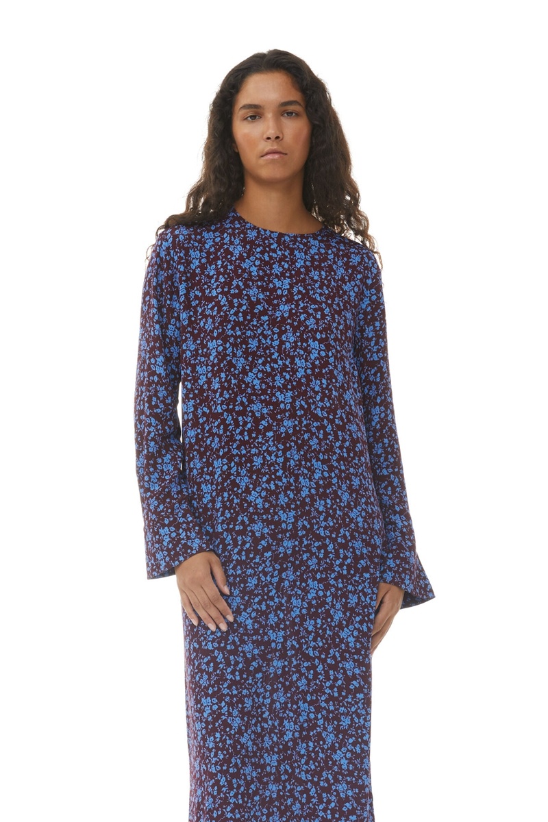 Ganni Printed Crepe Midi-kleid Blau Bordeaux | 751-LMSNED