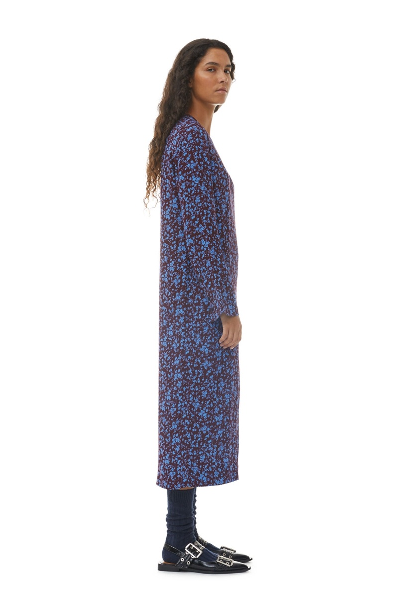 Ganni Printed Crepe Midi-kleid Blau Bordeaux | 751-LMSNED