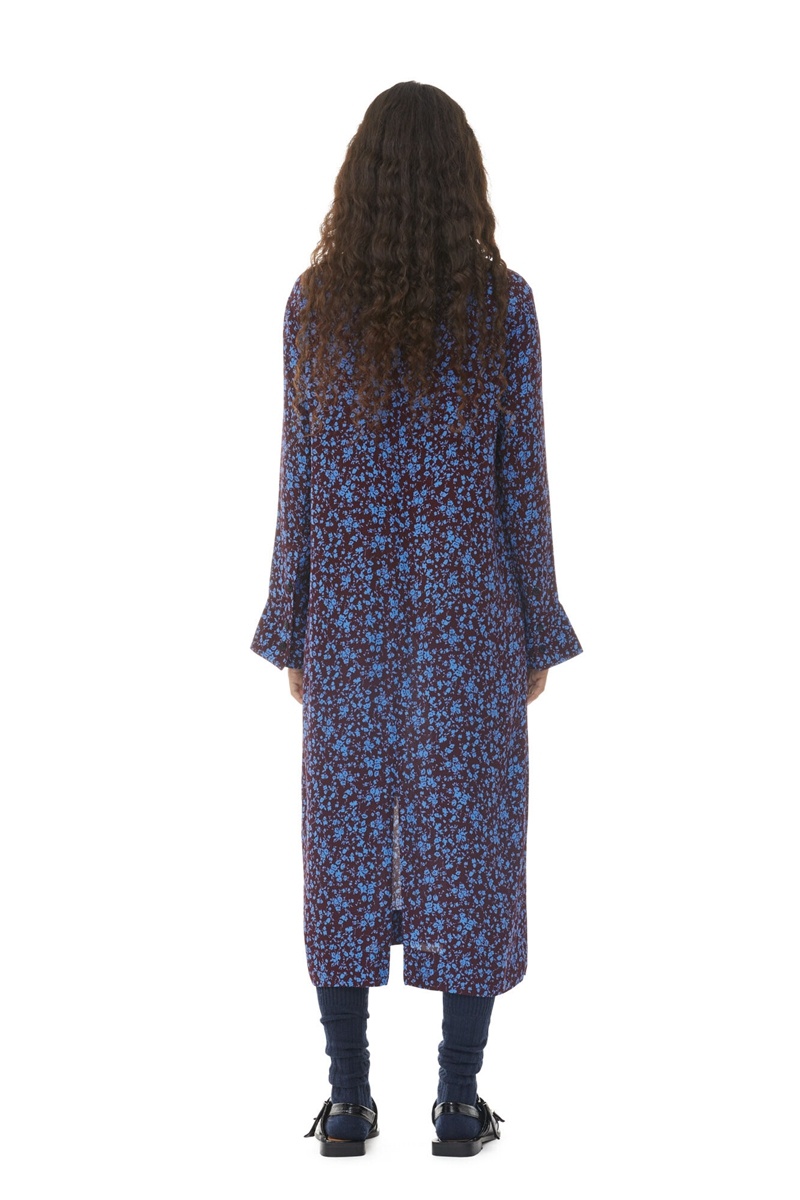 Ganni Printed Crepe Midi-kleid Blau Bordeaux | 751-LMSNED