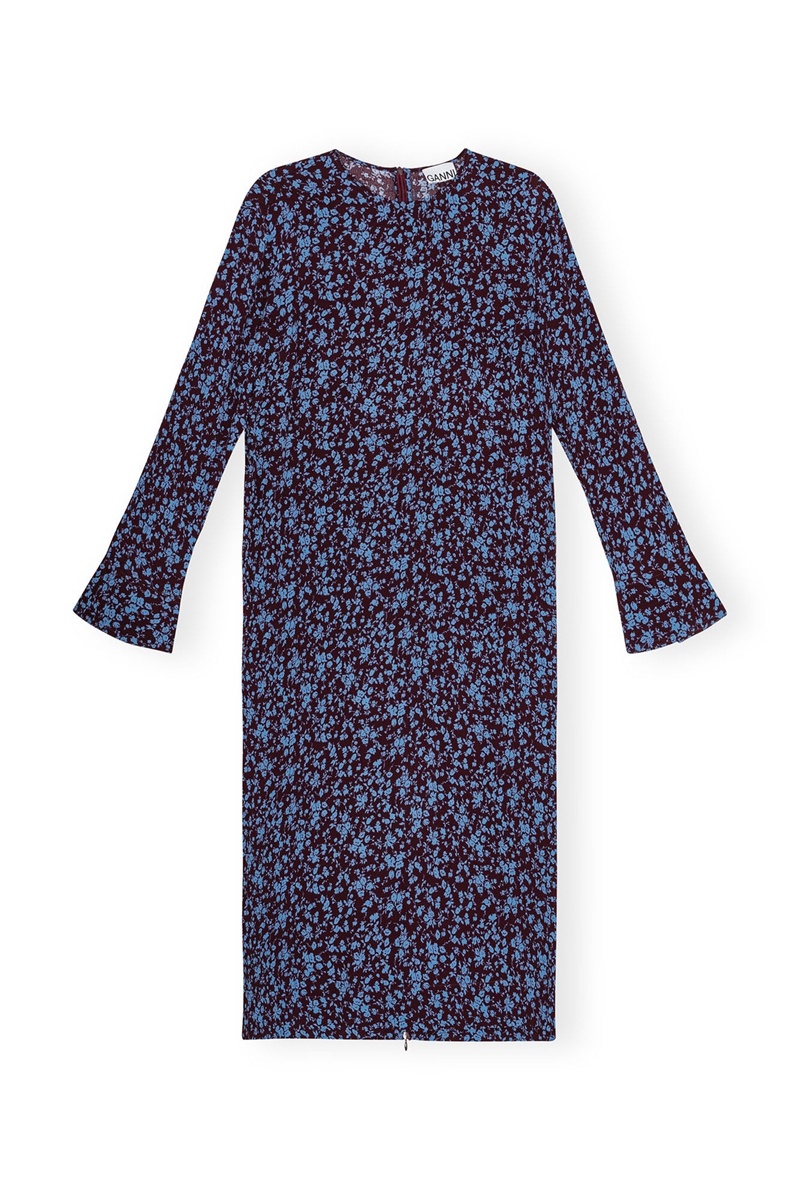 Ganni Printed Crepe Midi-kleid Blau Bordeaux | 751-LMSNED