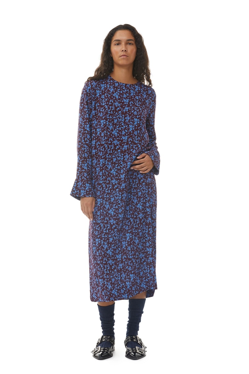 Ganni Printed Crepe Midi-kleid Blau Bordeaux | 751-LMSNED