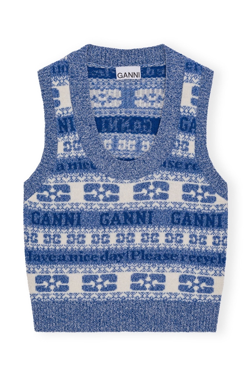 Ganni Re-cut Logo Wolle Mix Weste Silber Blau | 306-TVBFQK