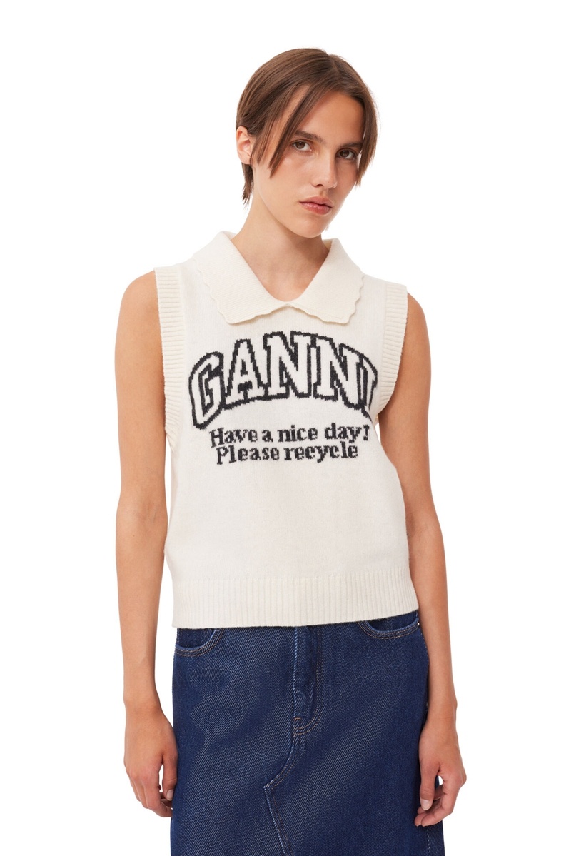 Ganni Re-cut White Graphic Weste Beige | 720-DEKPJX