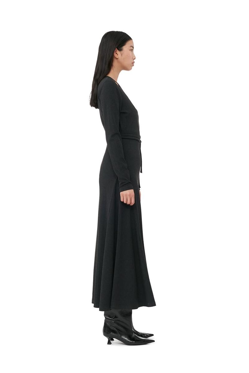 Ganni Rib Jersey Wrap Maxikleid Schwarz | 683-NSFOZM