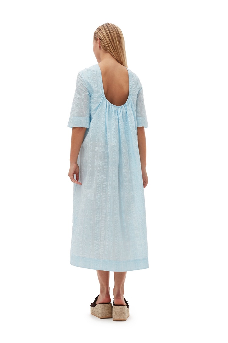 Ganni Seersucker Check Maxikleid Hellblau | 812-EHOZBL