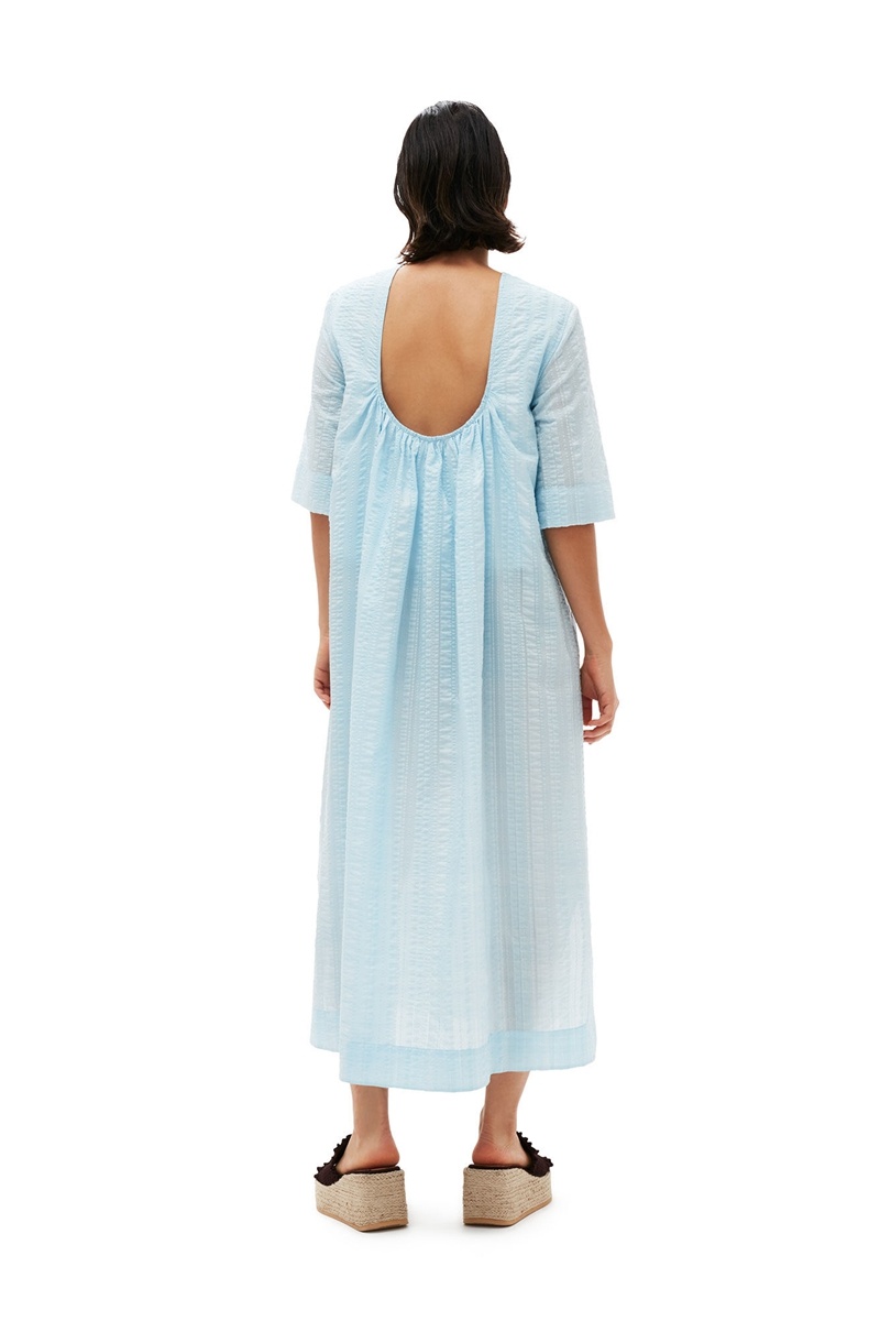 Ganni Seersucker Check Maxikleid Hellblau | 812-EHOZBL