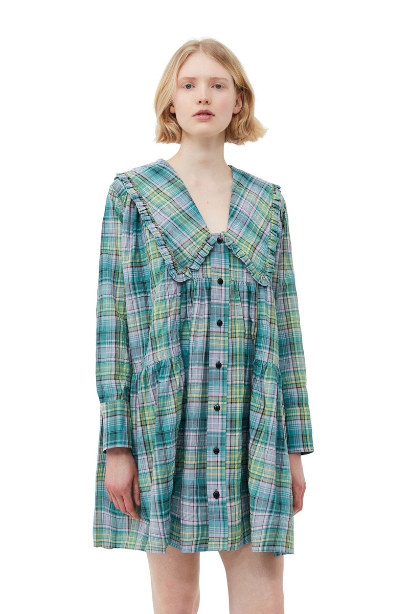 Ganni Seersucker Check Weite Minikleid Blau | 450-QKGCRH