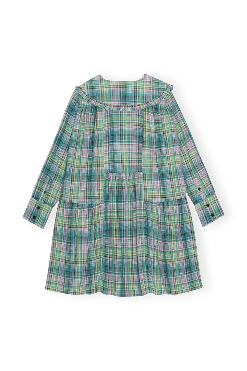 Ganni Seersucker Check Weite Minikleid Blau | 450-QKGCRH