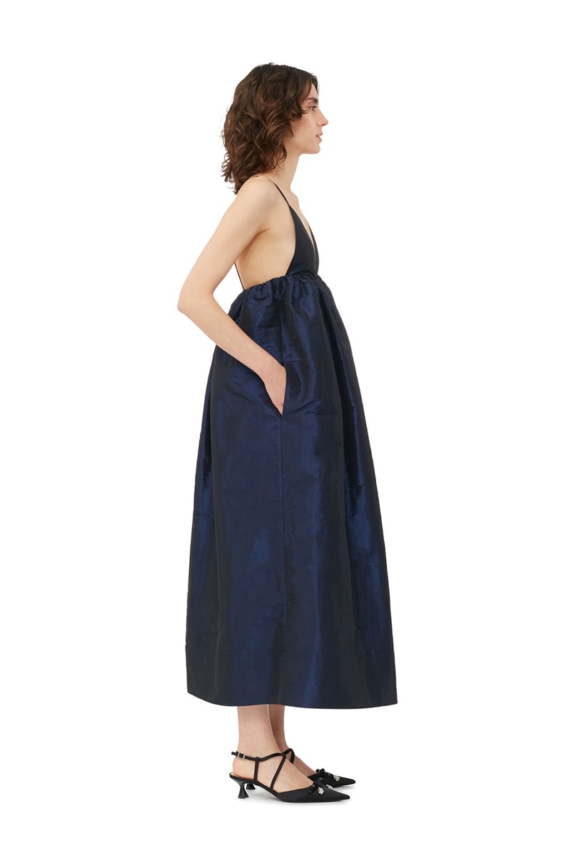 Ganni Shiny Taffeta Riemen Kleid Blau | 068-LSTUFW